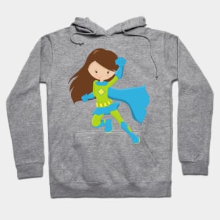 Superhero Girl, Cute Girl, Brown Hair, Blue Cape Hoodie